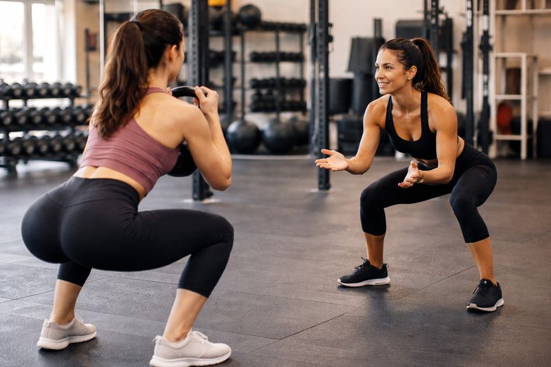 Personal trainer coaching a client through a kettlebell squat in a gym